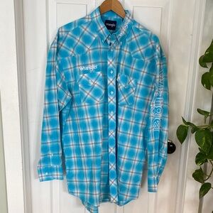 Wrangler Men's Turquoise Plaid Button Down Shirt western collared embroidered